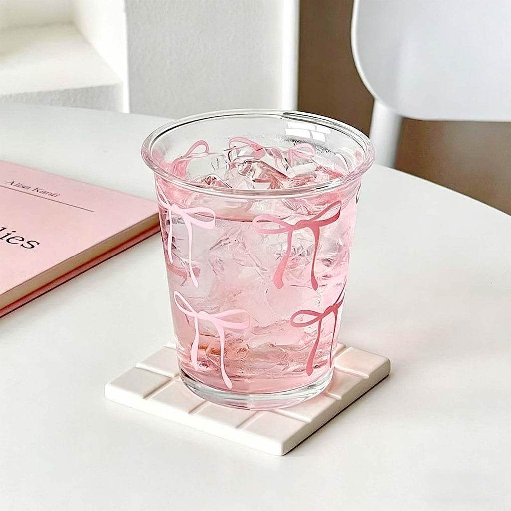 Pink Bow Glass Cups, 14oz Cute Aesthetic Bow Glass Cups for Iced Coffee, Matcha, Milk, Juice,Cocktail, Valentines/Birthday Gift for Women & Teen Girls