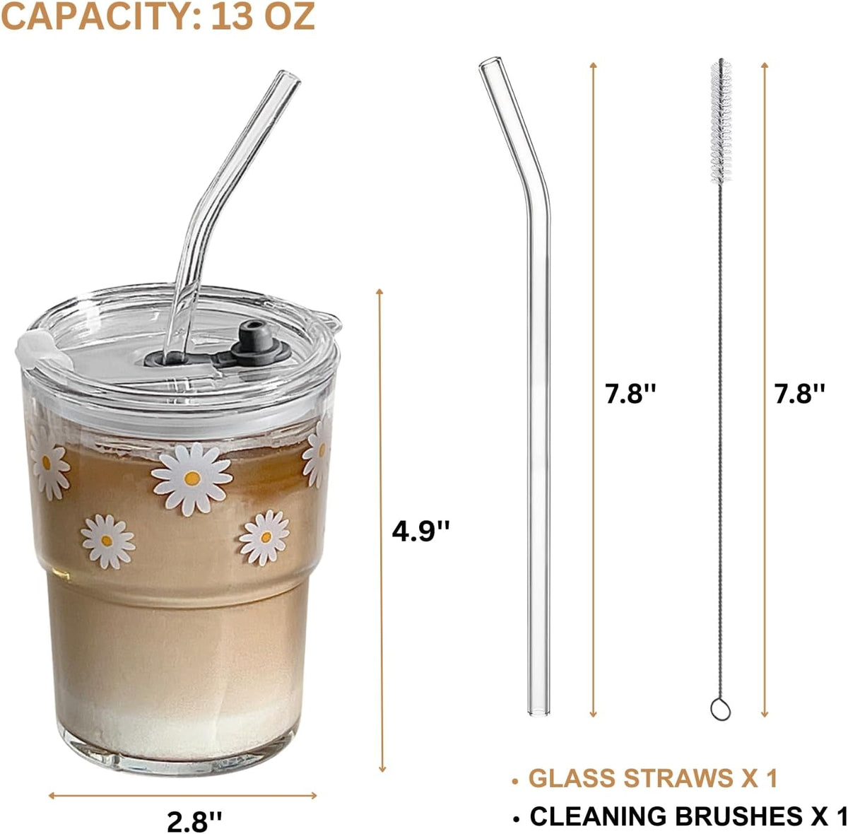 Olvini 13oz Glass Tumbler with Straw and Lid, Reusable Iced Coffee Cup Tumbler, Cute Glass Cups for Water, Matcha, Travel Coffee Mugs (Daisy)