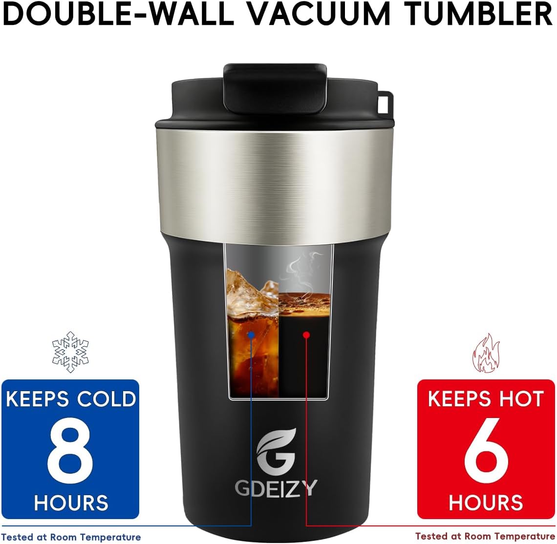 Insulated Travel Coffee Mug, 17oz Stainless Steel Leakproof Flip Straw Cup