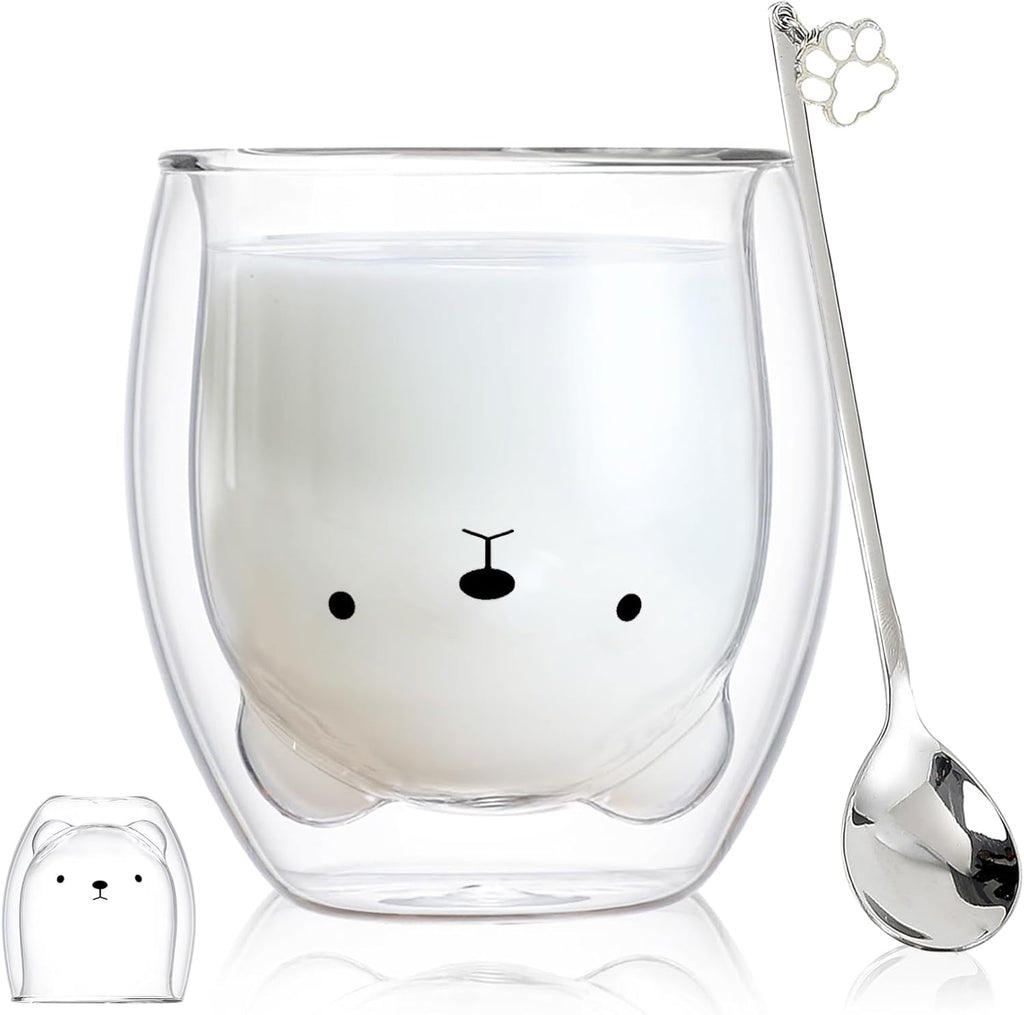 Binoster Bear Cute Mugs Kawaii Double Wall Glass Coffee Tea Mill Yogurt Cup Funny Novelty Gift for Women Her Friends Office Birthday Christmas