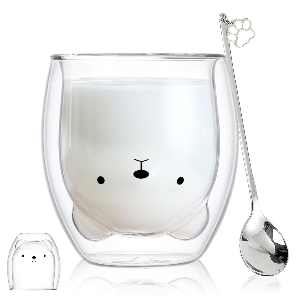 Binoster Bear Cute Mugs Kawaii Double Wall Glass Coffee Tea Mill Yogurt Cup Funny Novelty Gift for Women Her Friends Office Birthday Christmas