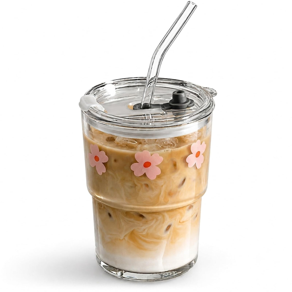 Olvini 13oz Glass Tumbler with Straw and Lid, Reusable Iced Coffee Cup Tumbler, Cute Glass Cups for Water, Matcha, Travel Coffee Mugs (Bon Appétit)