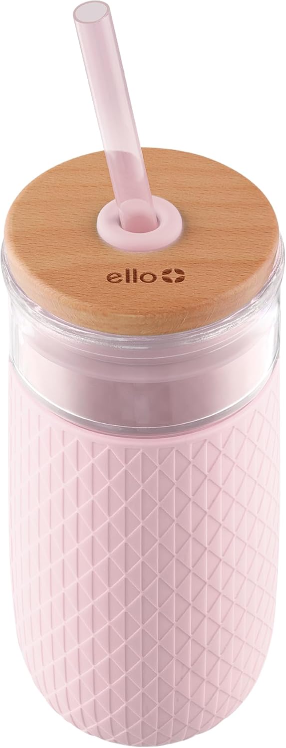 Ello Devon 18oz Glass Tumbler with Straw & Bamboo Lid for Iced Coffee, Pink