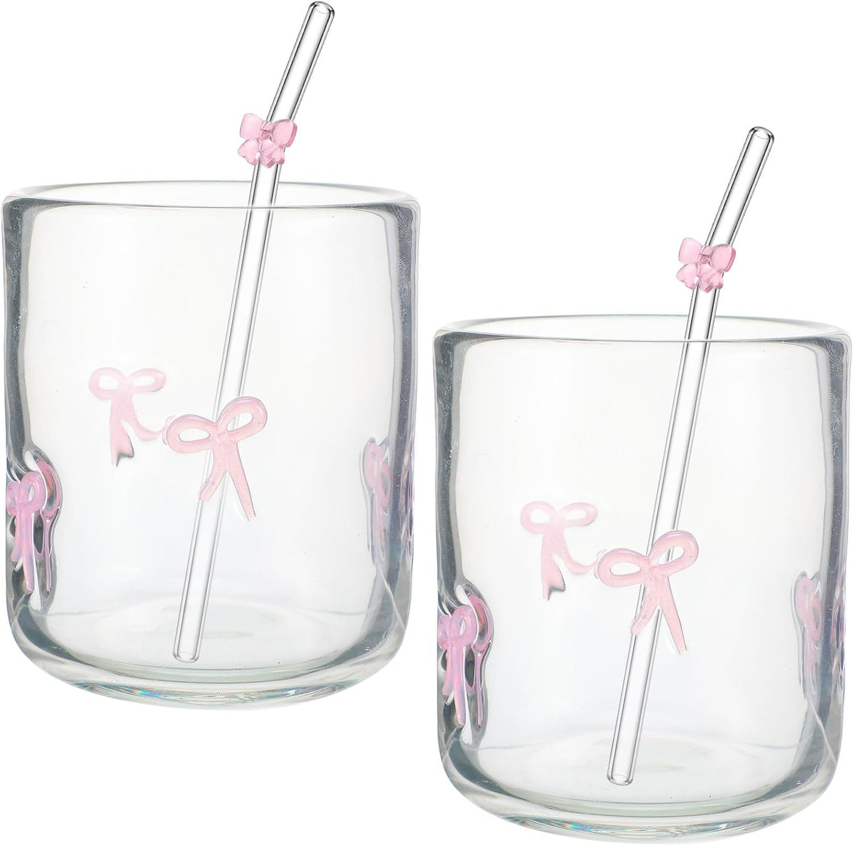 Skylety 2 Set Pink Bow Icon Juice Glasses, 14 oz Cocktail Cups with Straws