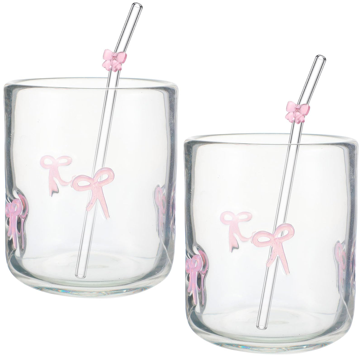 Skylety 2 Set Pink Bow Icon Juice Glasses, 14 oz Cocktail Cups with Straws