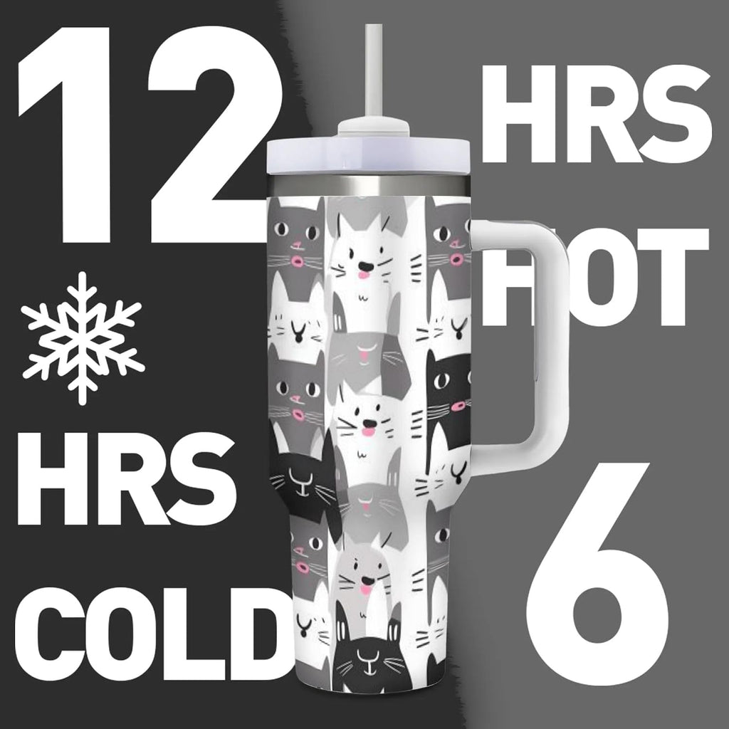 40 OZ (1200 ML) Cute Cats Insulated Tumbler With Straw Lid, Cartoon Kitten Steel Double Walled Vacuum Stainless Steel Coffee Cup for Home Travel Office Nursing