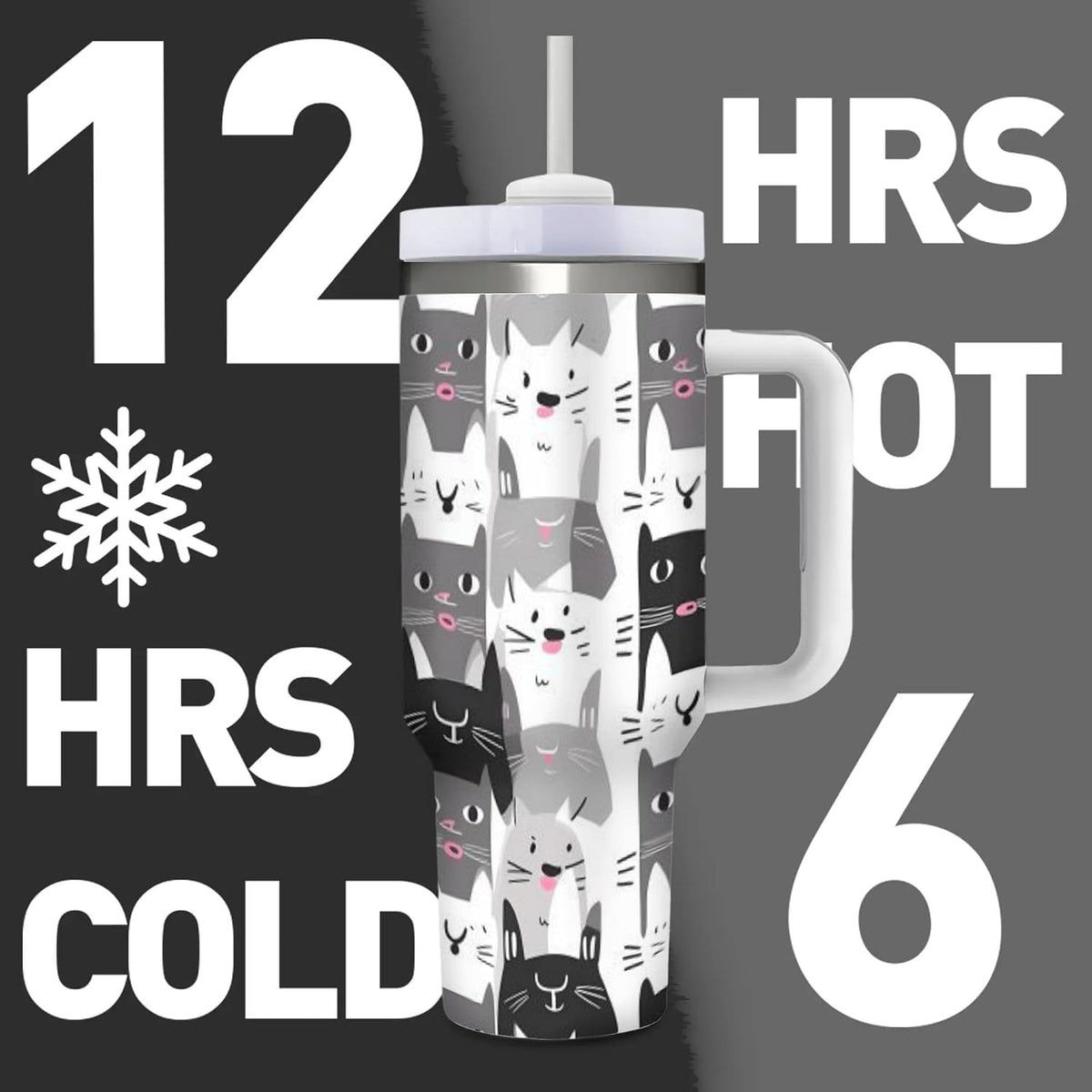 40 OZ (1200 ML) Cute Cats Insulated Tumbler With Straw Lid, Cartoon Kitten Steel Double Walled Vacuum Stainless Steel Coffee Cup for Home Travel Office Nursing