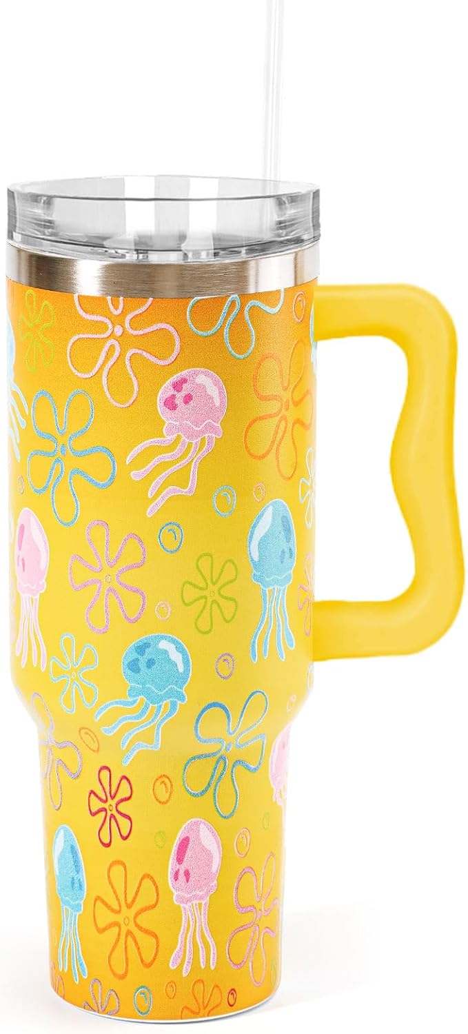 Whaline 40 Oz Cartoon Sponge Tumbler with Handle Straw and Lid Ocean Themed Travel Tumbler Flower Bubble Jellyfish Coffee Cup for Friend Summer Holiday Birthday Party Favors