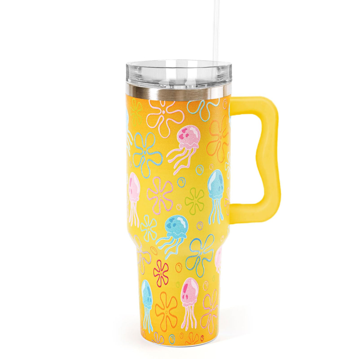 Whaline 40 Oz Cartoon Sponge Tumbler with Handle Straw and Lid Ocean Themed Travel Tumbler Flower Bubble Jellyfish Coffee Cup for Friend Summer Holiday Birthday Party Favors