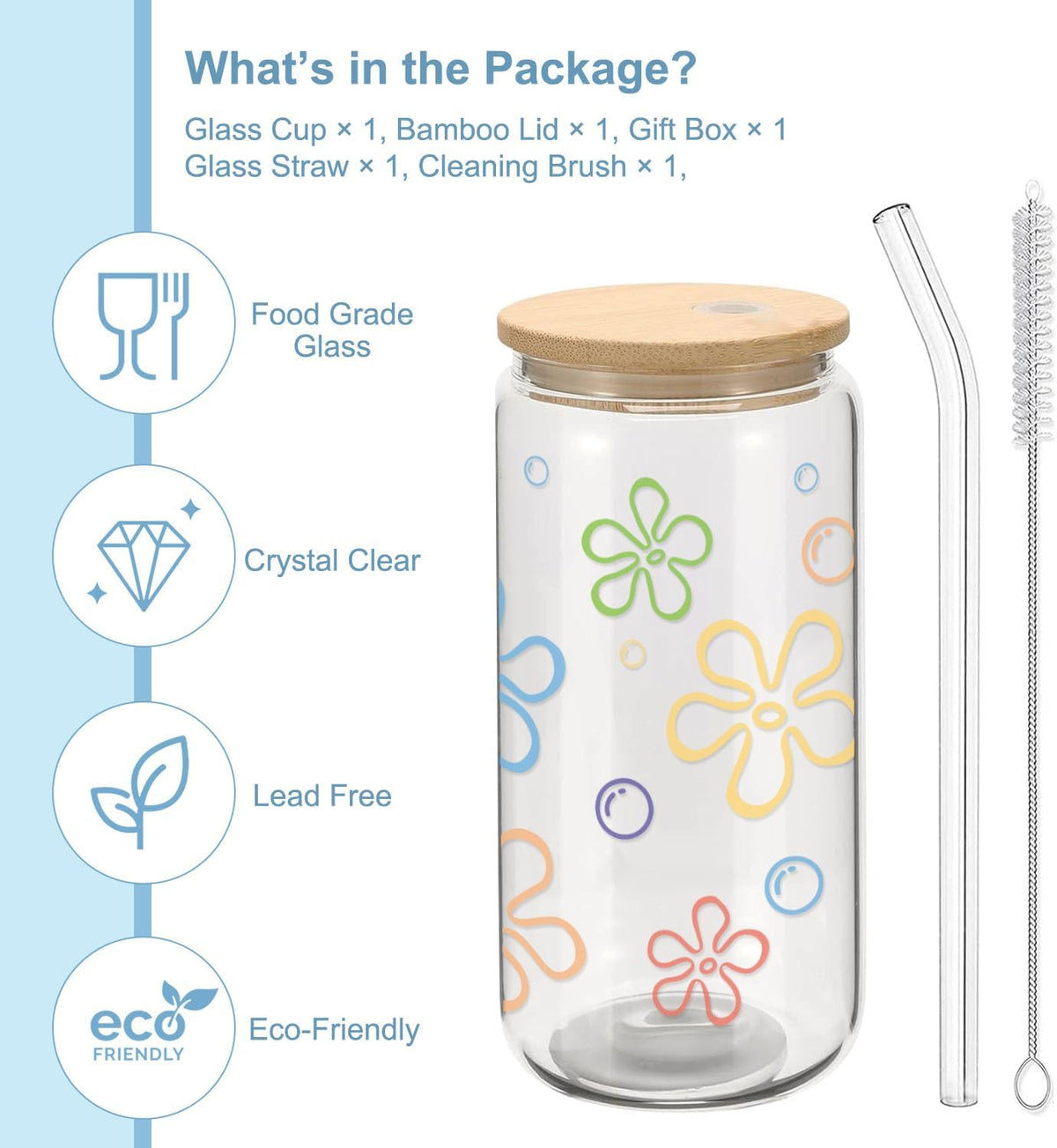 Mikopei Cute Glass Cups with Lids and Straws, Beach Gifts for Women Men