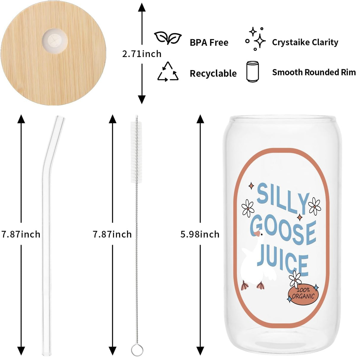 Cute Silly Goose Glass Cup with Lids & Straw 16oz, Ice Coffee Drink Tumbler
