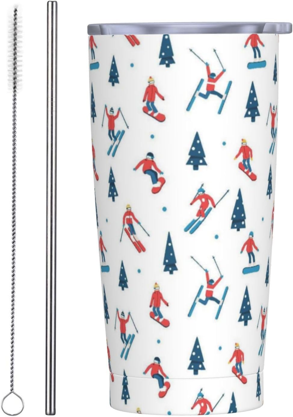 Skiing 20oz Tumbler with Lid and Straw for Sports Lovers, Winter Fashion Ski Sport Insulated Mug Cartoon Ski Sport Design Stainless Steel Tumbler Double Wall Vacuum Travel Mug Coffee Cup