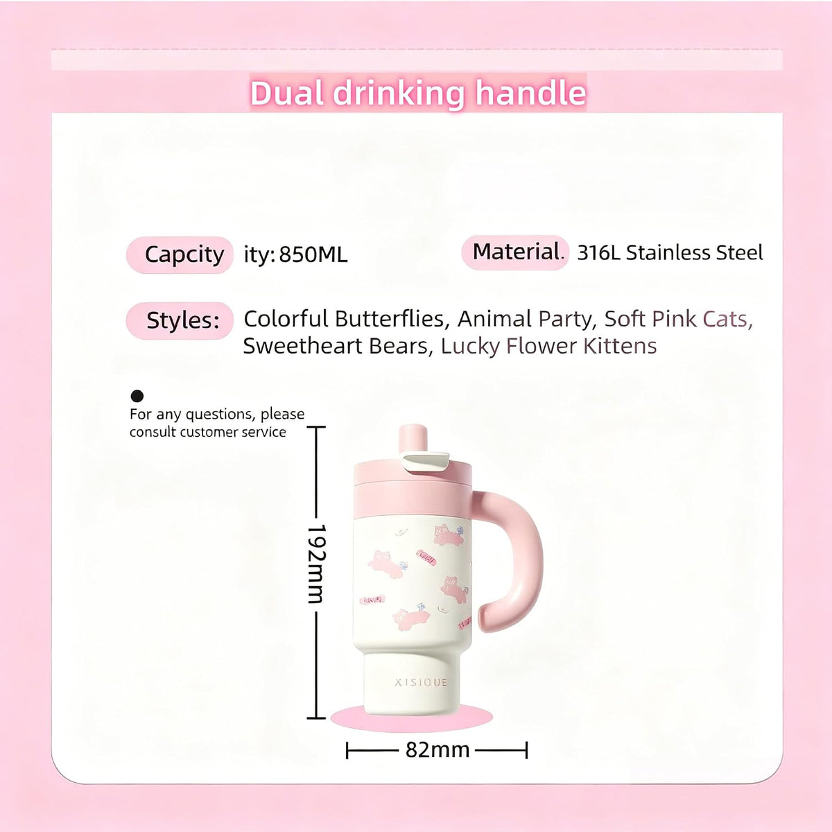 Cartoon Insulated Tumbler with Handle, 850ML Large Capacity, Leak-Proof