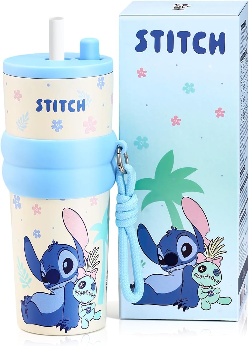 MINISO Disney Stitch Water Bottle, 20oz Lilo&Stitch Insulated Stainless Steel Bottle, Cartoon Vacuum Insulated Tumbler, Leak Proof Flip Top Stitch Cup for Sport Travel Office (Blue)