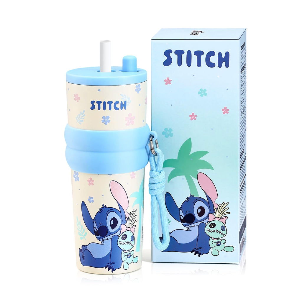 MINISO Disney Stitch Water Bottle, 20oz Lilo&Stitch Insulated Stainless Steel Bottle, Cartoon Vacuum Insulated Tumbler, Leak Proof Flip Top Stitch Cup for Sport Travel Office (Blue)