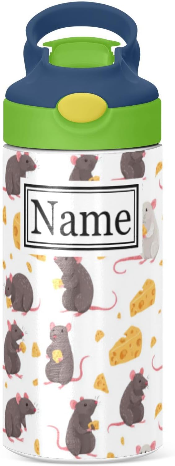 Personalized Name Water Bottles for Kids Cartoon Rats Cheese Custom Toddlers Insulated Stainless Steel with Straw Lid Tumbler Gift for Boys Girls Birthday School