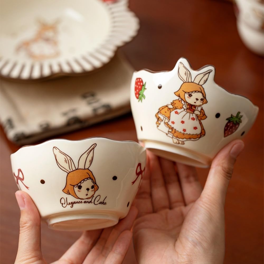 Ceramic Tableware Pasta Plate Bowl and Cup Combination Household Cartoon Cute Set Dinner Snack Breakfast Dessert Bird's Nest Salad Fruit Ice Cream Soup(8.5" Pan-Cake)