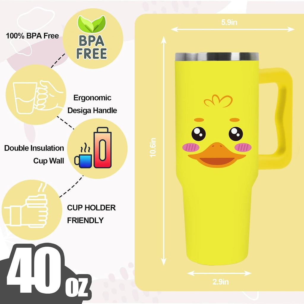 JarThenaAMCS Yellow Duck Tumbler with Lid and Straw 40 Oz Cartoon Rubber Duck Tumbler with Handle Summer Stainless Steel Cup for Home Office Travel