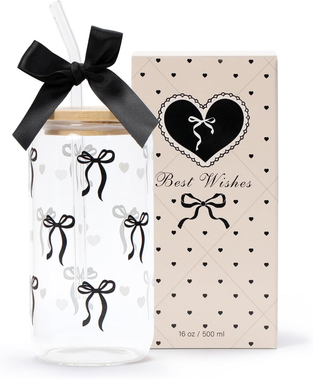 Coquette Black Bow Gift for Women, Glass Cup with Lid Straw