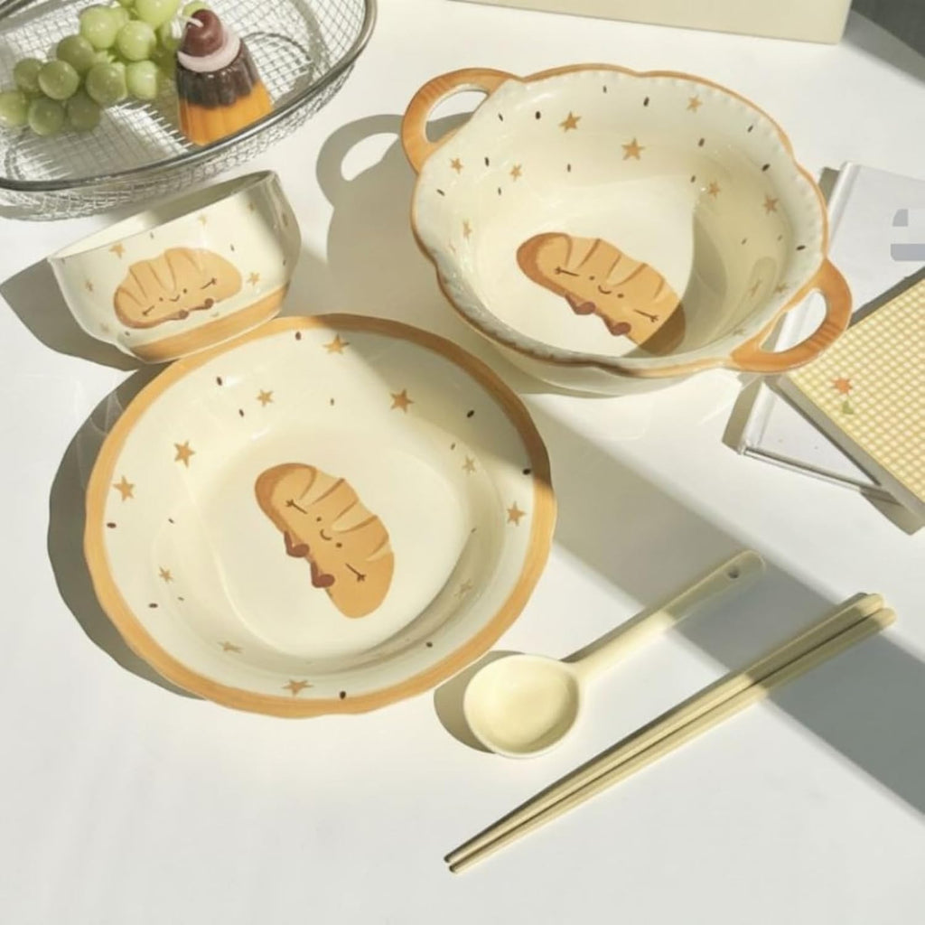 Glazed Ceramic Serving Bowl And Plate With Bakery Themed Smiling Bread Interior For Soup Side Dishes Suitable For Dining, style to 1