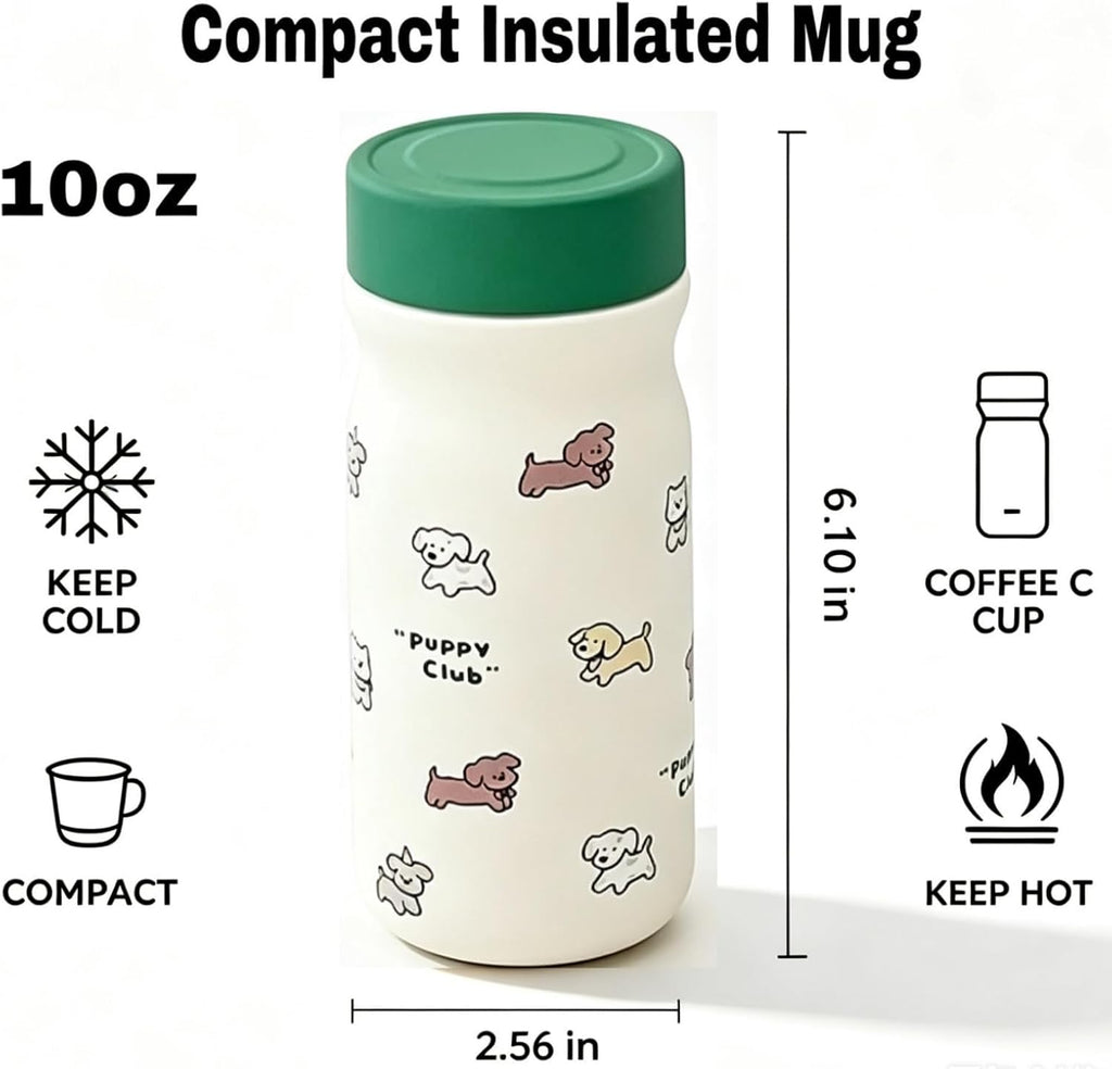 Mini Milk Shape Insulated Coffee Bottle, 316 Stainless Steel, 10oz Flask, Compact Travel Tumbler(Cute Puppy Cartoon Print)