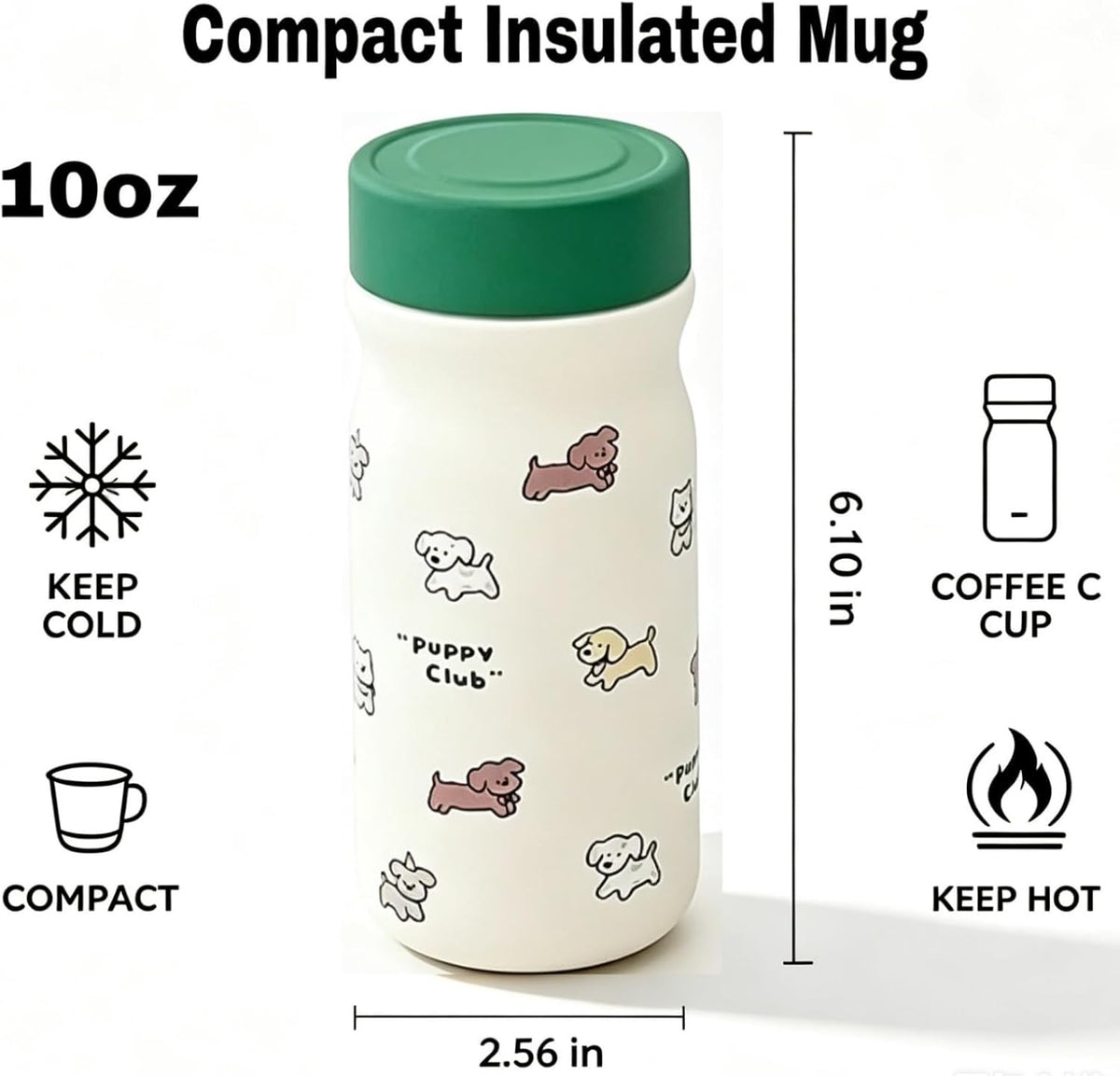 Mini Milk Shape Insulated Coffee Bottle, 316 Stainless Steel, 10oz Flask, Compact Travel Tumbler(Cute Puppy Cartoon Print)