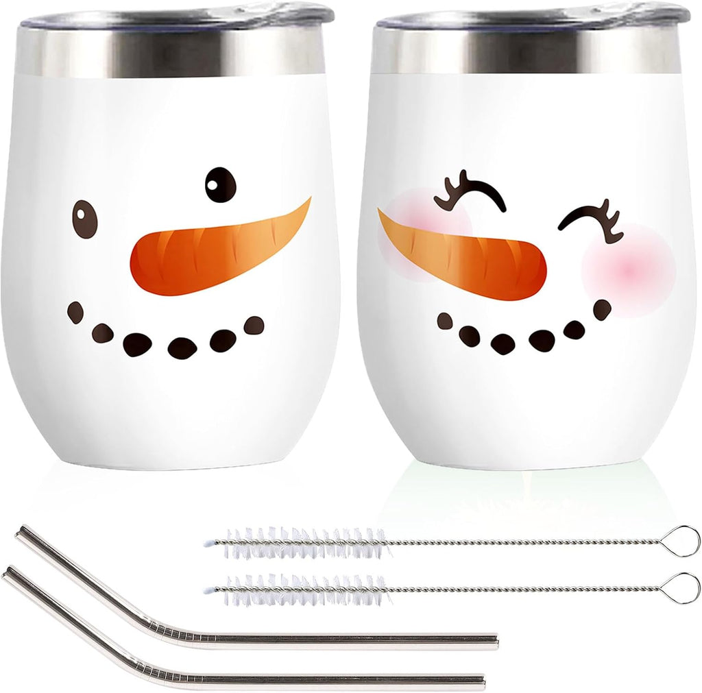 Whaline 2 Pcs Christmas Stainless Steel Wine Tumbler 12 oz Xmas Winter Snowman Insulated Coffee Cups Tumbler Mug with Lid and Straw for Women Girlfriend Besties Wife Lover Spouse Gifts