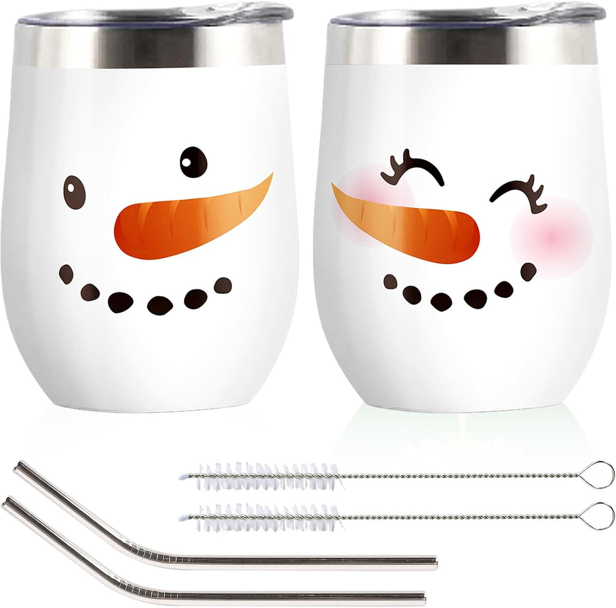 Whaline 2 Pcs Christmas Stainless Steel Wine Tumbler 12 oz Xmas Winter Snowman Insulated Coffee Cups Tumbler Mug with Lid and Straw for Women Girlfriend Besties Wife Lover Spouse Gifts