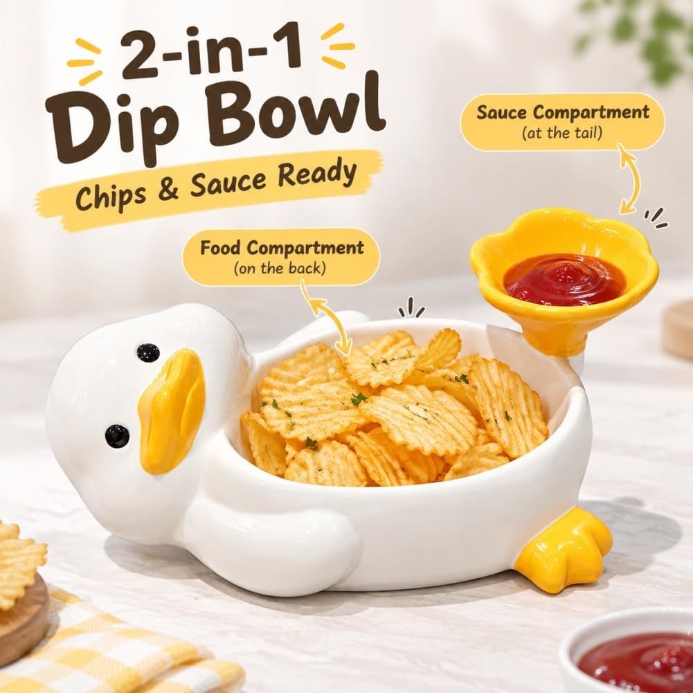 SEAHOME Cute Ceramic Duck Bowl with Dipping Sauce Holder Goose Decor