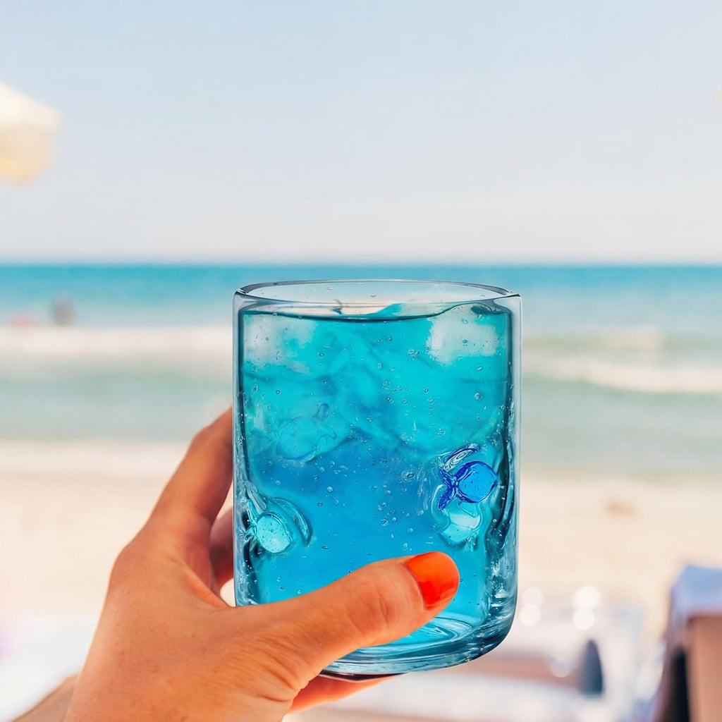 2 Pack 14oz Icon Juice Glass Cups Stemless Wine Drinking Juice Glass Cup Sea Shell Small Fish Star Design Iced Coffee Tumblers for Summer Women Girls Gift Set