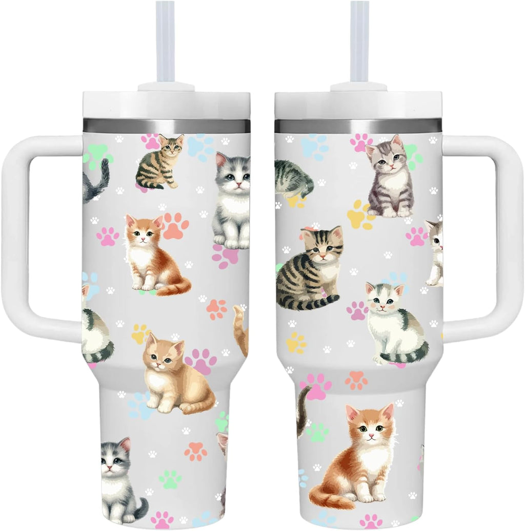 40 OZ Kitty Cat Tumbler with Handle.Kitty Cat Lover Cup Gift.40 OZ Unique Birthday Christmas Kitty Cat Tumblers Gifts for Women Men.