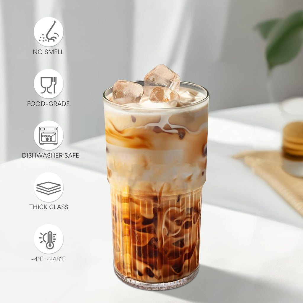 Luiaiog Glass Cup with Lid and Straw, 18.6 oz Ribbed Iced Coffee Tumbler, Leakproof Reusable Drinking Glass for Smoothie, Boba, Water, Single Pack with Straw Brush, Dishwasher Safe