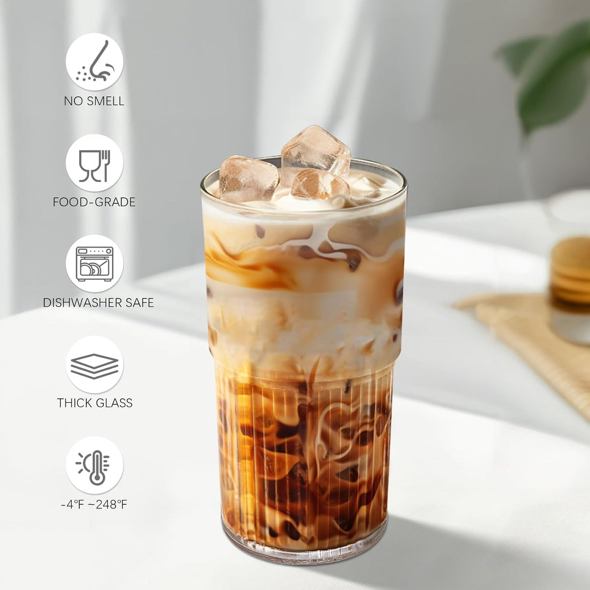 Luiaiog Glass Cup with Lid and Straw, 18.6 oz Ribbed Iced Coffee Tumbler, Leakproof Reusable Drinking Glass for Smoothie, Boba, Water, Single Pack with Straw Brush, Dishwasher Safe