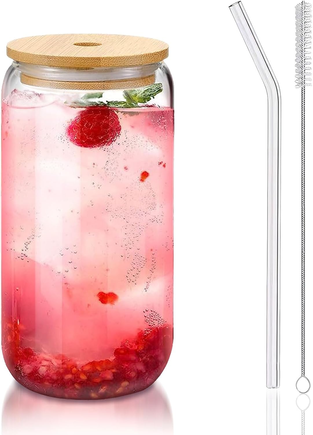 Glass Cups with Lids and Straws 1 Pack, 16 oz Glass Coffee Cup with Bamboo Lid, Glass Straw and Cleaning Brush, Iced Coffee Cup for Matcha, Soda, Tea and Daily Drinks