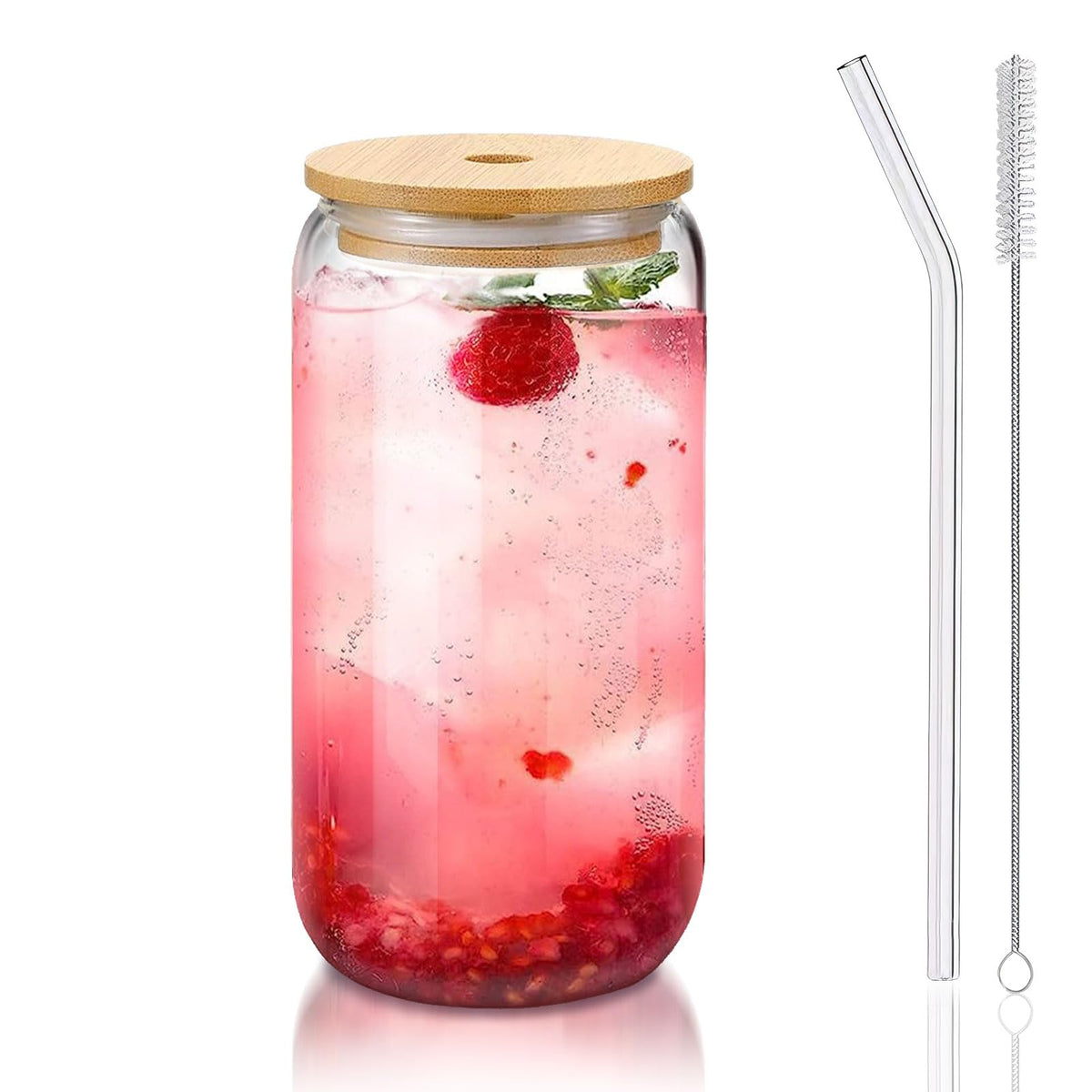 Glass Cups with Lids and Straws 1 Pack, 16 oz Glass Coffee Cup with Bamboo Lid, Glass Straw and Cleaning Brush, Iced Coffee Cup for Matcha, Soda, Tea and Daily Drinks