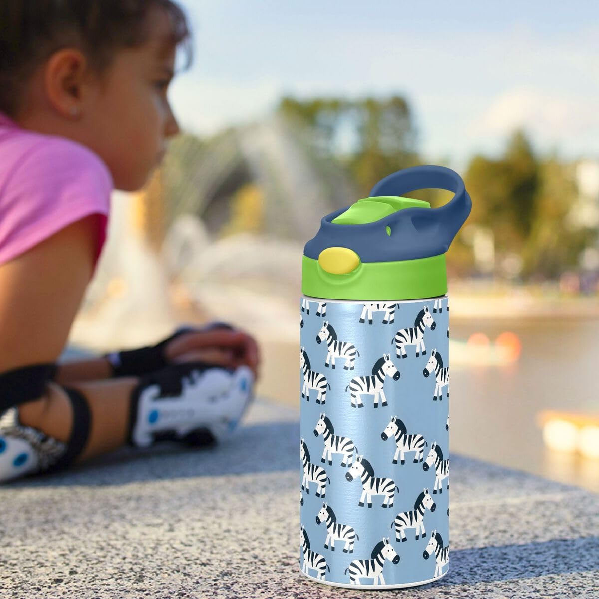 ALAZA Zebra Cartoon Blue Kids Water Bottles Insulated Stainless Steel Tumbler Travel Cup Lids Straw Double Walled Leakproof 12 OZ for Boys Girls