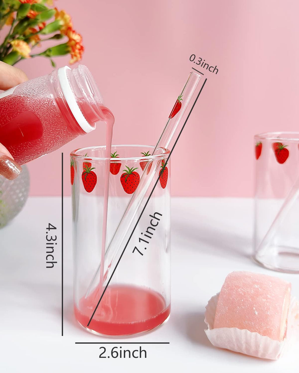 strawberry cups 2 Sets Cute glass strawberry cups 300ML straw glass cups, Cute strawberrys pattern glass bottles for water milk tea, coffee juice tea cups (2pcs)