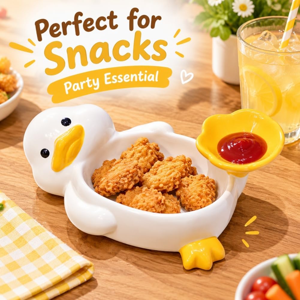 SEAHOME Cute Ceramic Duck Bowl with Dipping Sauce Holder Goose Decor