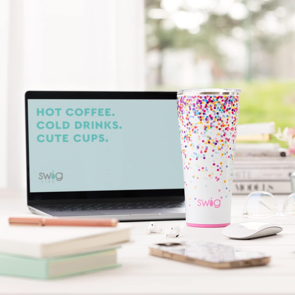 Swig Life 32oz Insulated Tumbler, Travel Coffee Tumbler with Lid, Cup Holder Friendly Travel Coffee Mug, Stainless Steel with Lid (Cool Cat)