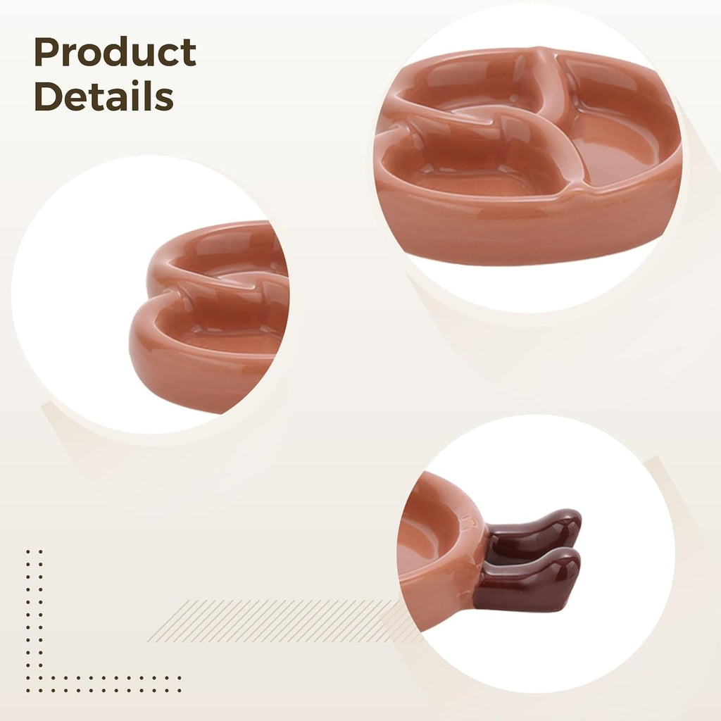 Cute Cartoon Bread Plate, Ceramic Dipping Dish, 4.5 x 3.7 x 0.8 in, 11.5 x 9.5 x 2 cm, Divided Sauce Dish with Adorable Foot Details, Microwave and Oven Safe, Brown