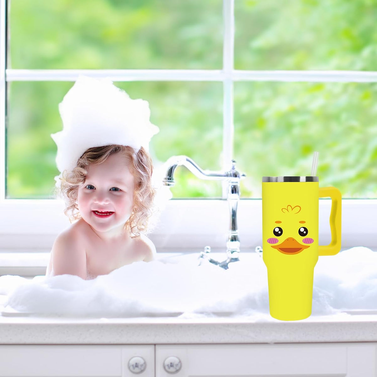 JarThenaAMCS Yellow Duck Tumbler with Lid and Straw 40 Oz Cartoon Rubber Duck Tumbler with Handle Summer Stainless Steel Cup for Home Office Travel