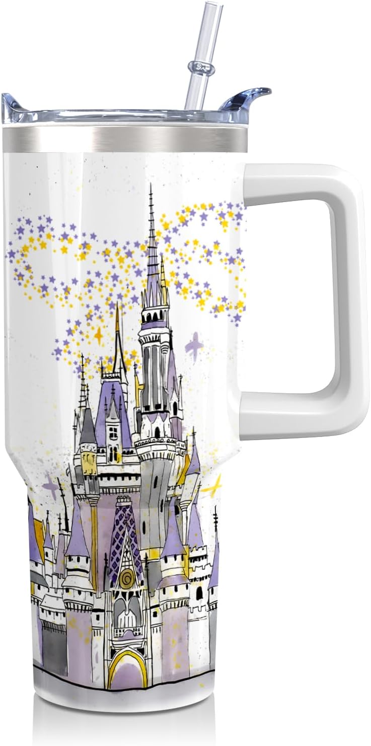30oz Cartoon Castle Gifts for Castles Lovers-Bowknot Fireworks Tumbler with Handle with Lid and Straw Cup Stainless Steel Insulated Travel Coffee Mug - Birthday,Christmas Gift