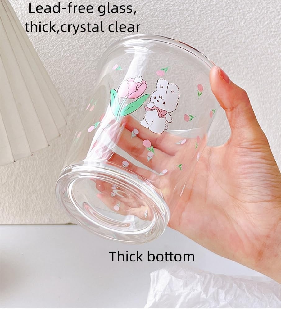 2 Pack 12 OZ Cute Floral Glass Cup Rabbit Drinking Glasses