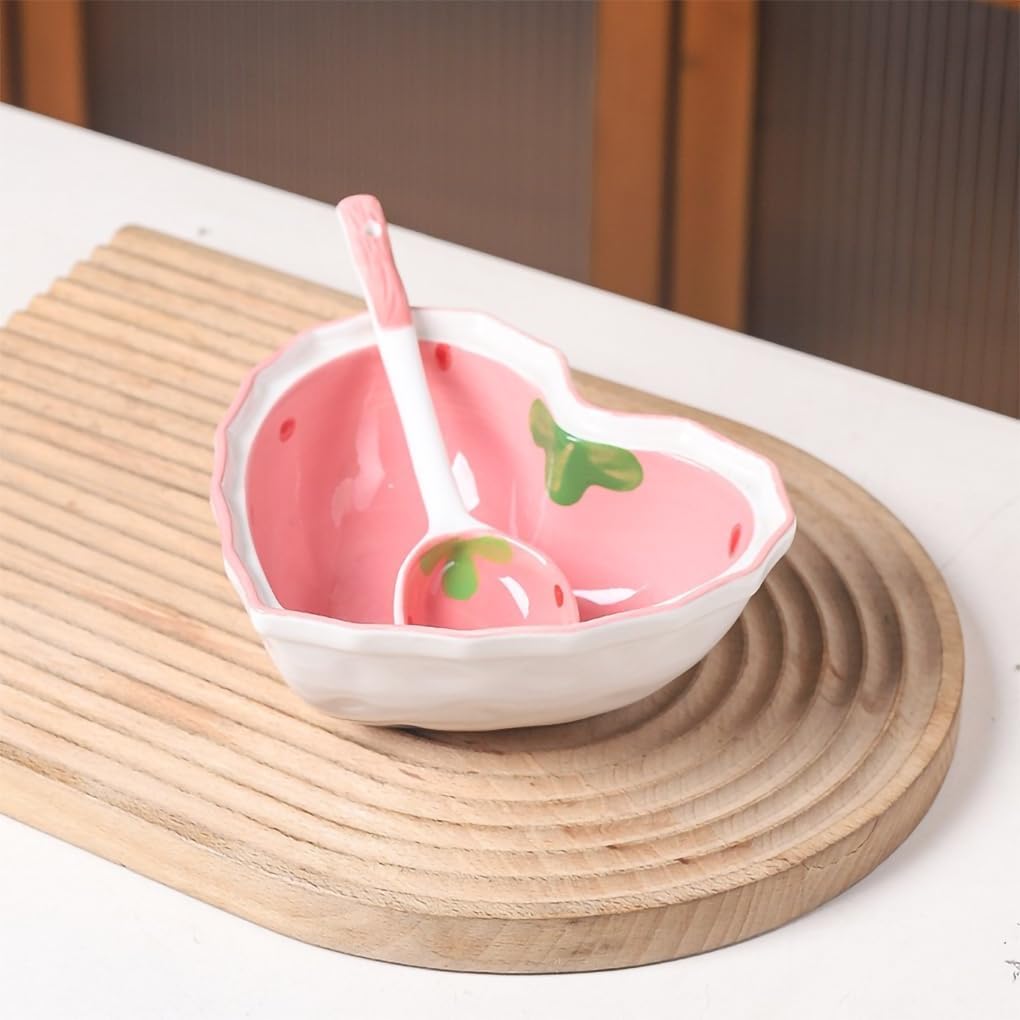 WAIT FLY Heart Shape Ceramic Dinnerware Set, Cute Strawberry Tableware Set, Dessert Plate, Salad Bowl, Appetizer Snack Mixing Bowl with Spoon - Pink Set