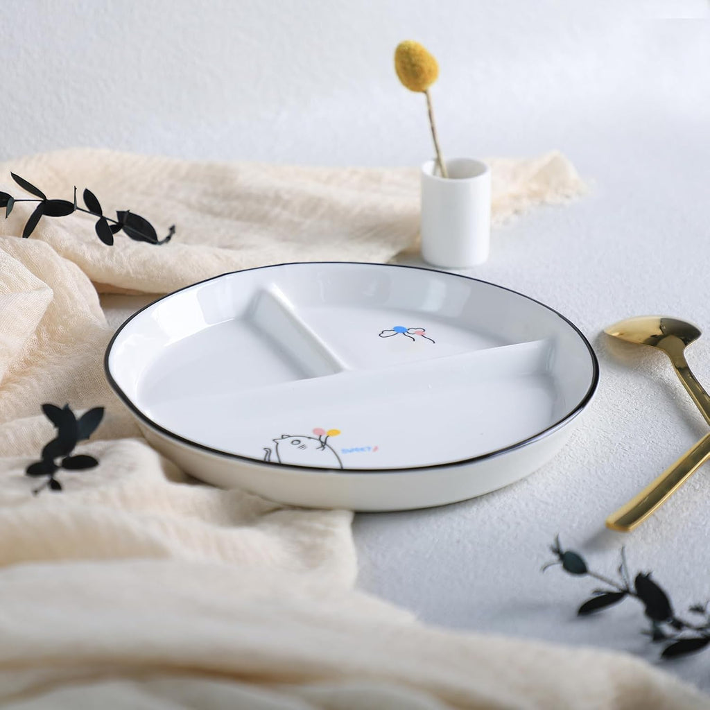 SOCOSY Ceramic 3-Compartment Portion Control Plate Divided Dish Platters, Divided Dessert Salad Dinner Snack Dishes, Appetizer Serving Trays, 1 PC - Balloon Cat-8 Inch
