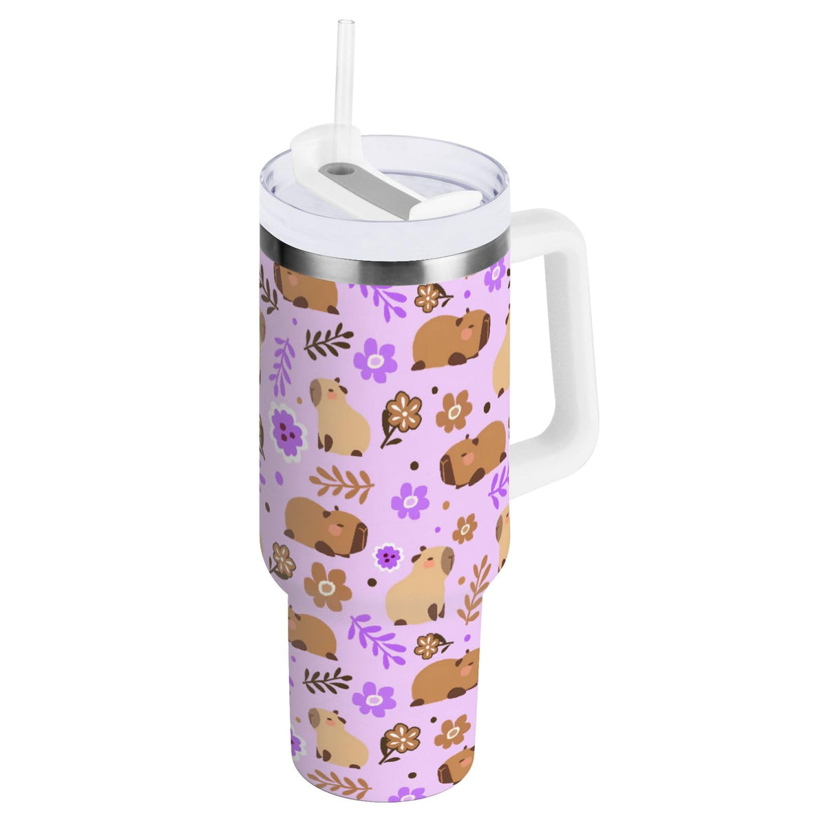 Cherry Print Pattern Stainless Steel Tumbler with Handle and Straw, Water Bottle Reusable Insulated Travel Mug, 30 Ounces