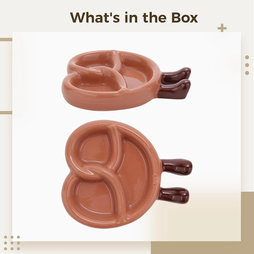 Cute Cartoon Bread Plate, Ceramic Dipping Dish, 4.5 x 3.7 x 0.8 in, 11.5 x 9.5 x 2 cm, Divided Sauce Dish with Adorable Foot Details, Microwave and Oven Safe, Brown