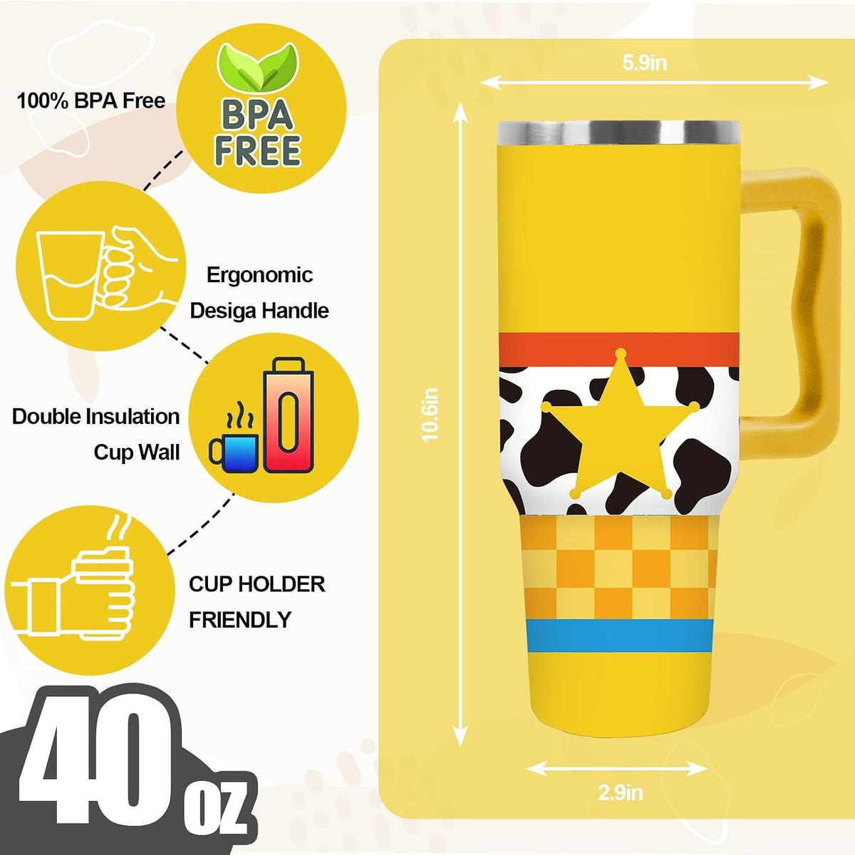 FYSUIMU Cartoon Story Tumbler with Handle Toy Theme Stainless Steel Cup 40oz Yellow Plaid Star Cow Print Insulated Travel Mug with Lid Straw for Car Office Home Use