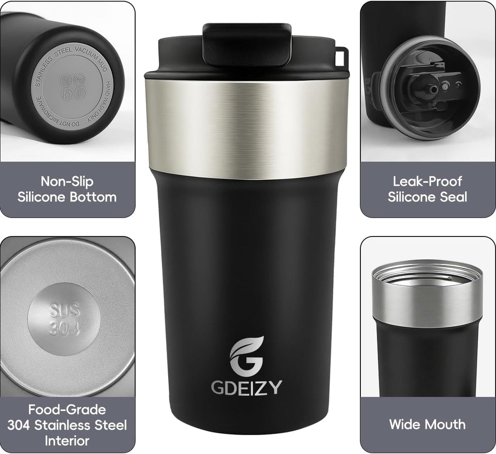 Insulated Travel Coffee Mug, 17oz Stainless Steel Leakproof Flip Straw Cup
