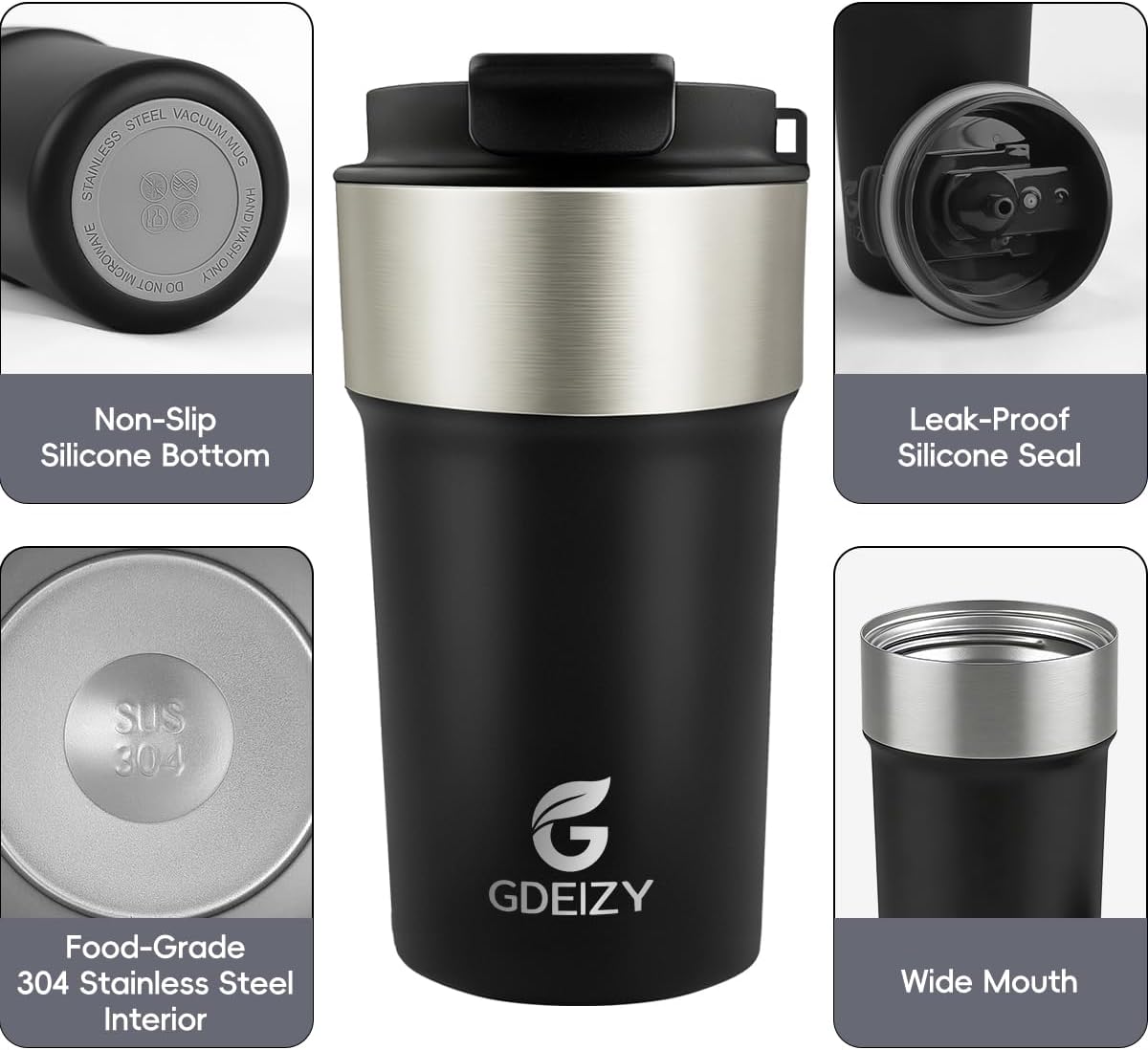 Insulated Travel Coffee Mug, 17oz Stainless Steel Leakproof Flip Straw Cup
